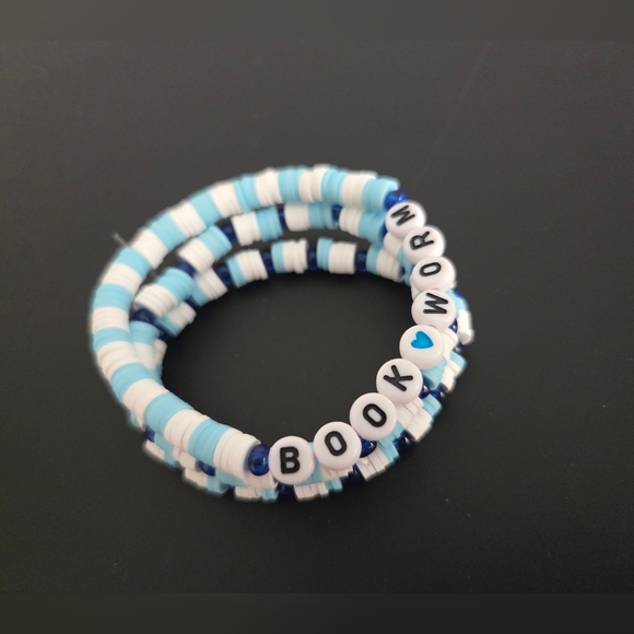 Blue and White Book Worm Beaded Bracelet Set - Picture 1 of 6